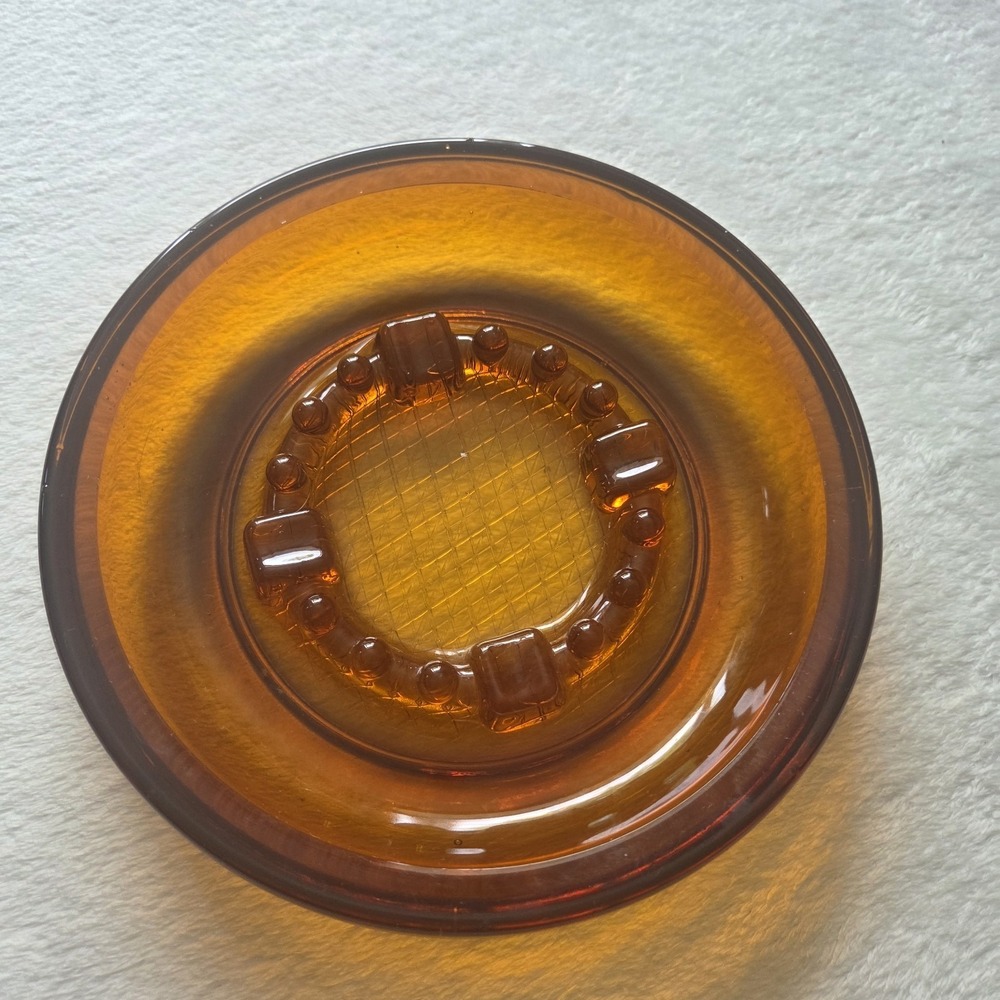 VTG Amber Glass Cigar Cigarette Ashtray Mid Century Modern Diamond Pattern